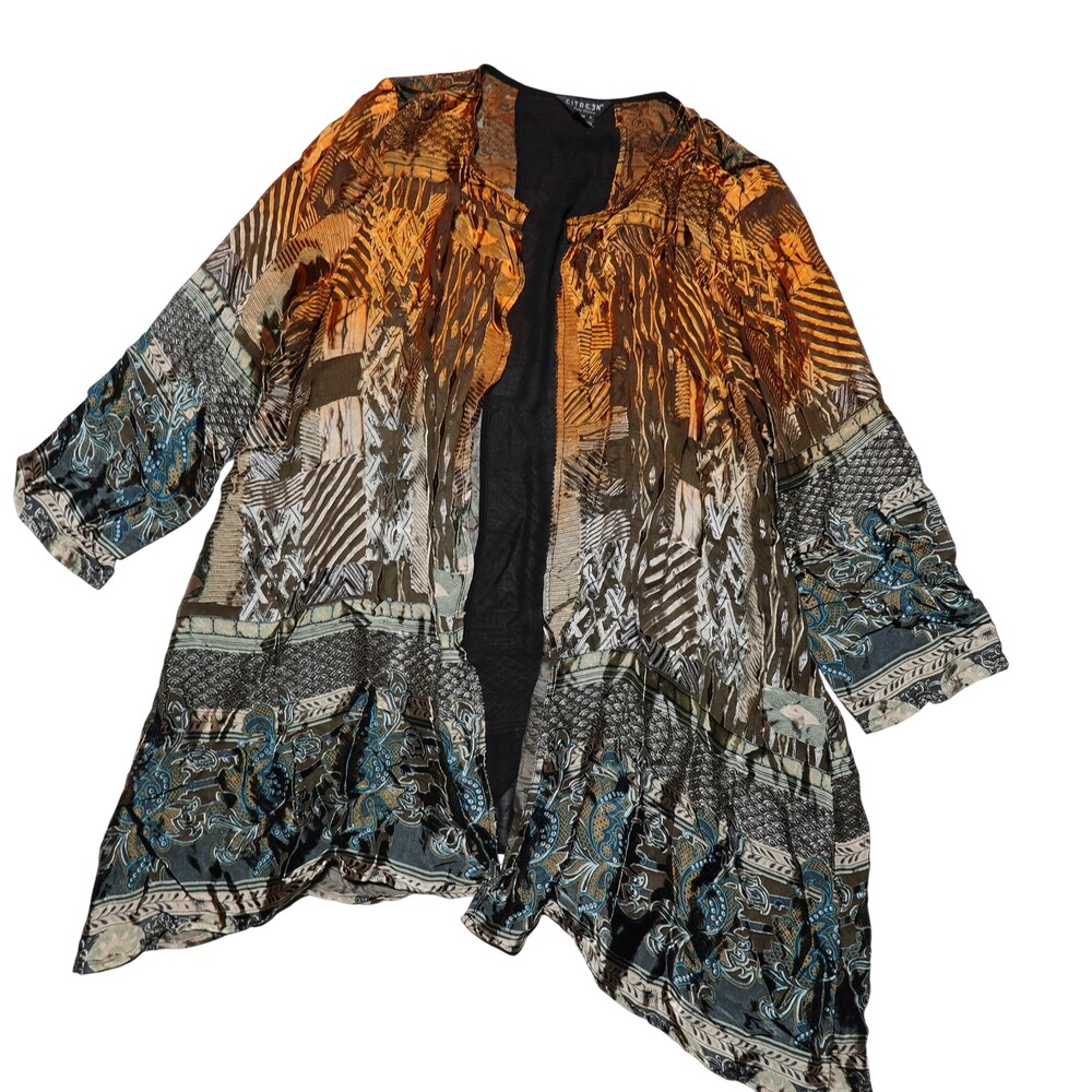 Citron Blouse Womens 1X Multicolor Paisley Sheer Kimono Chiffon Lightweight Top